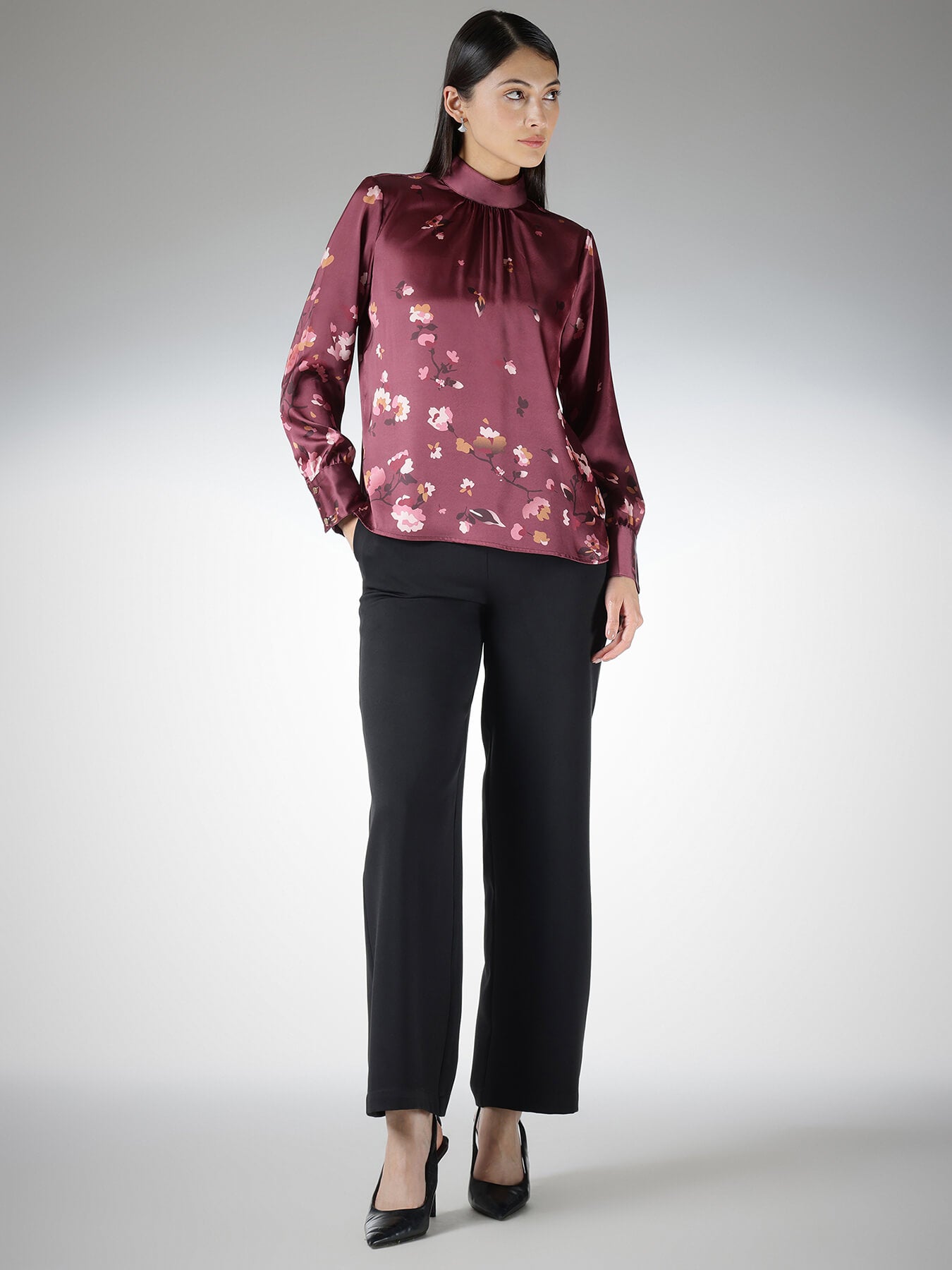 Satin Floral Top - Wine