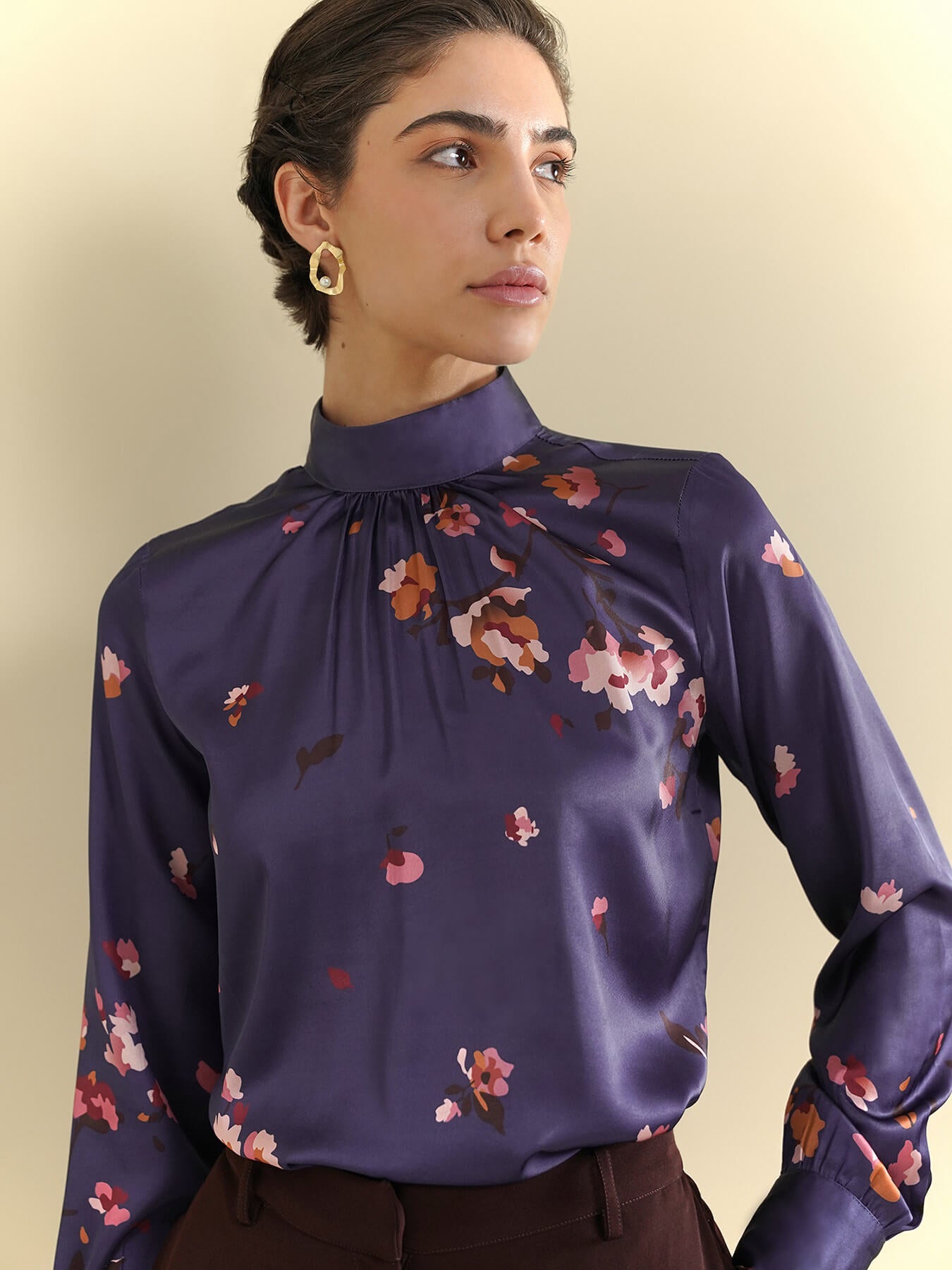 Satin Floral Top - Navy