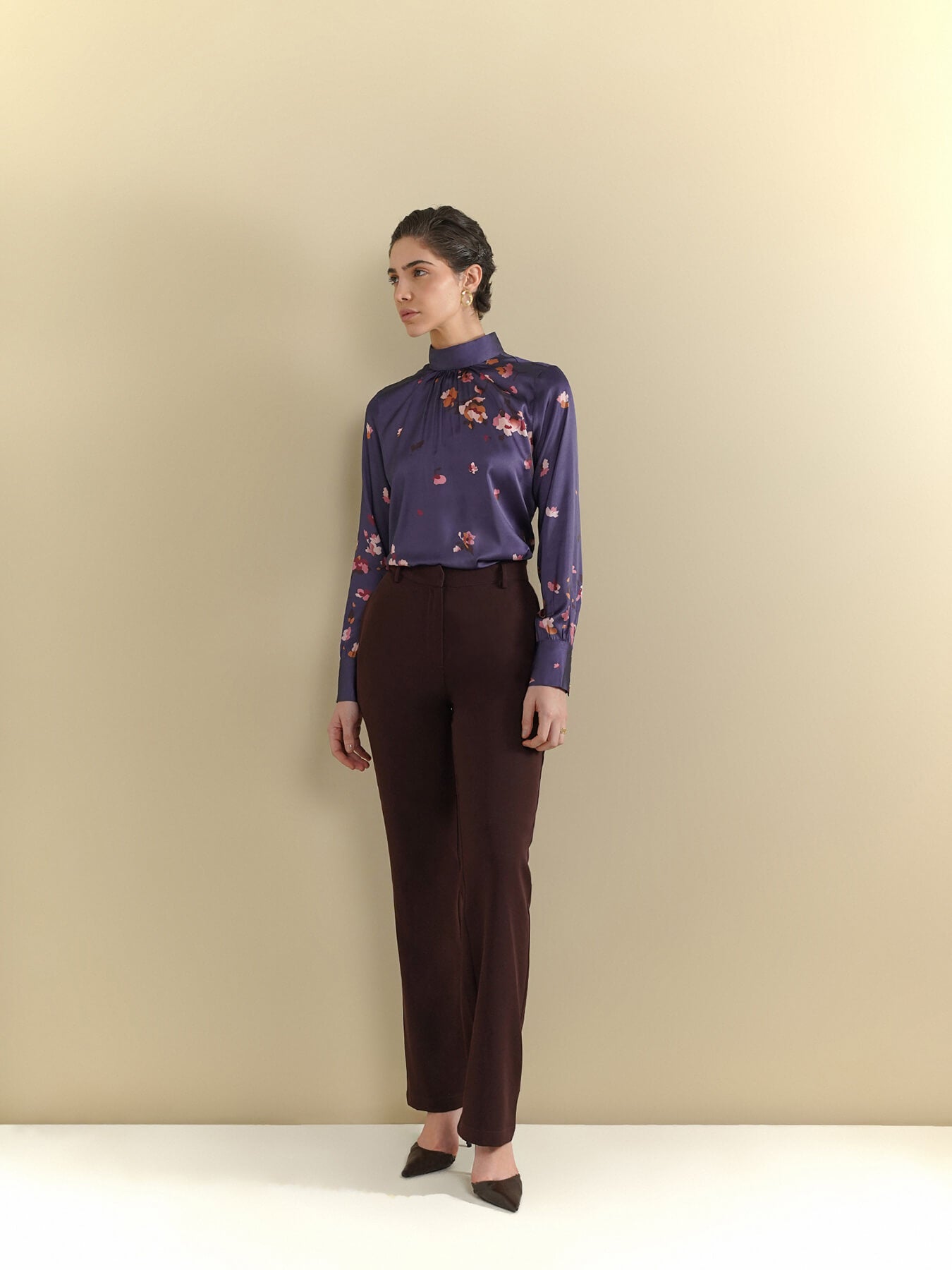 Satin Floral Top - Navy