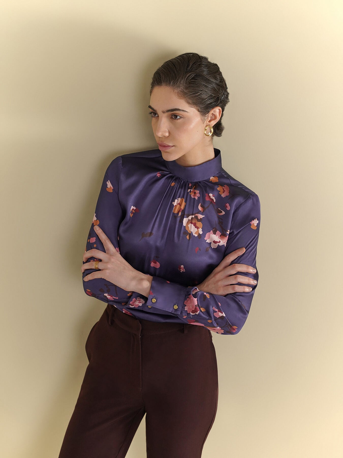 Satin Floral Top - Navy