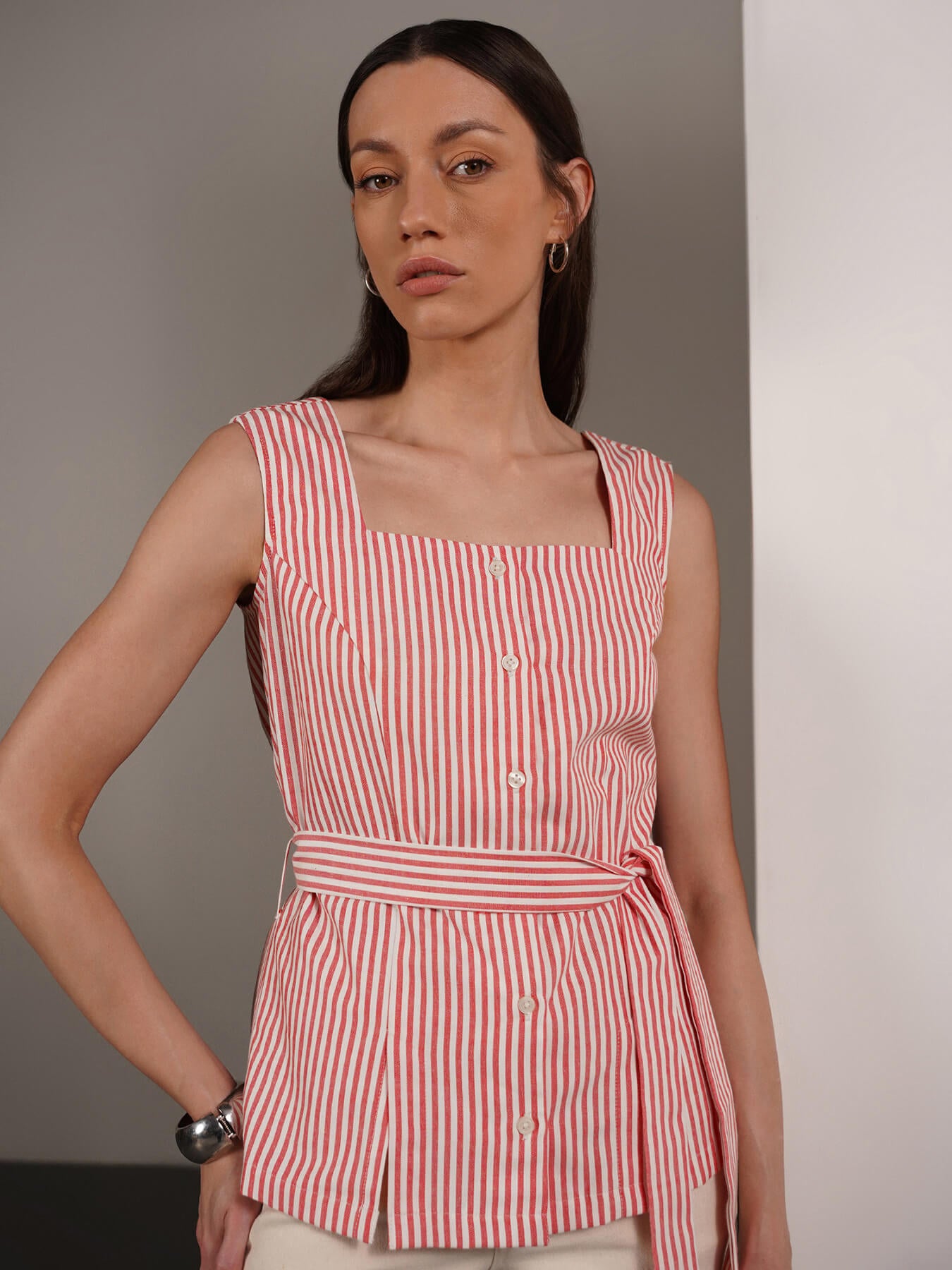 Cotton Striped Square Neck Top - Red