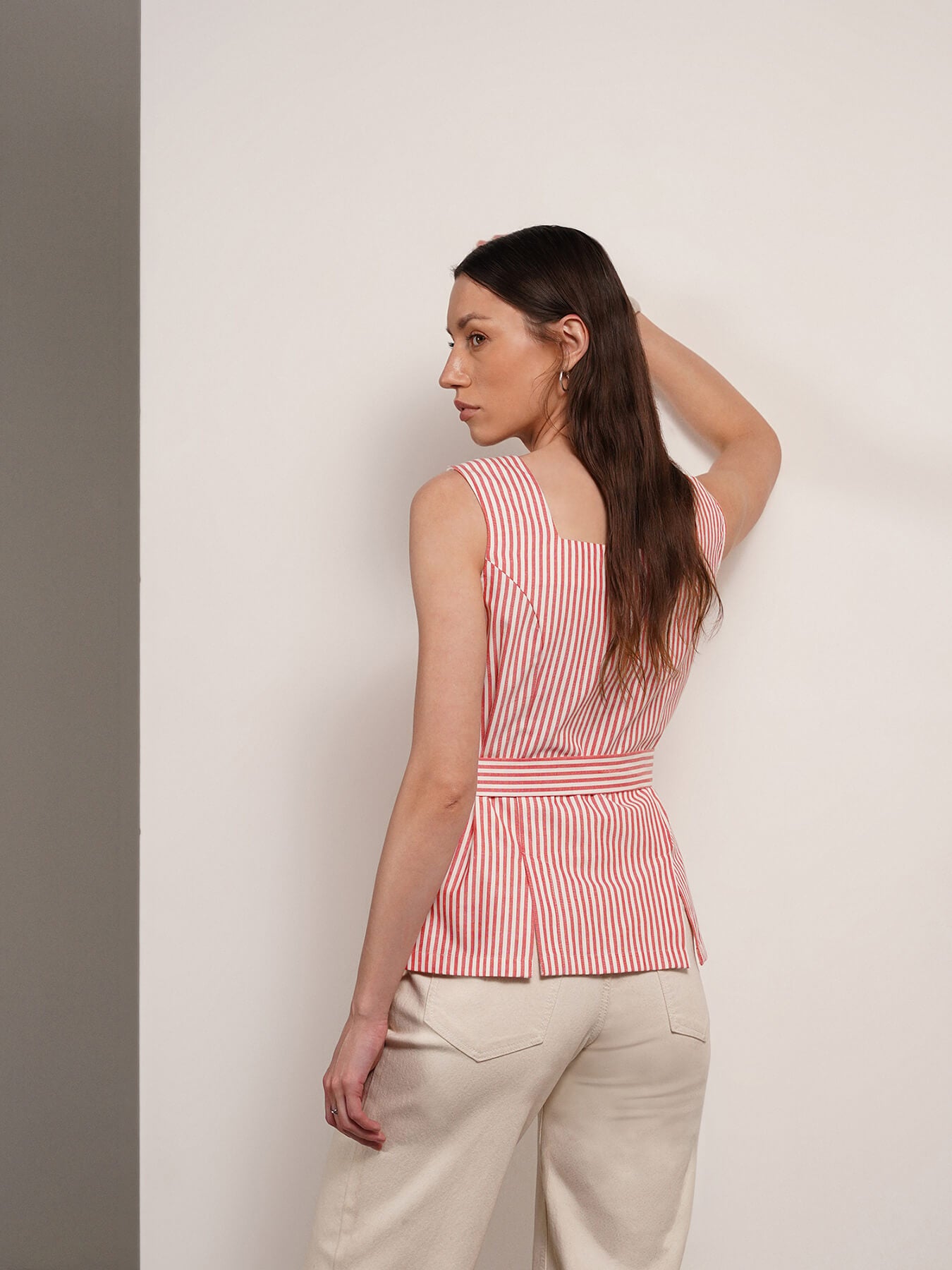 Cotton Striped Square Neck Top - Red
