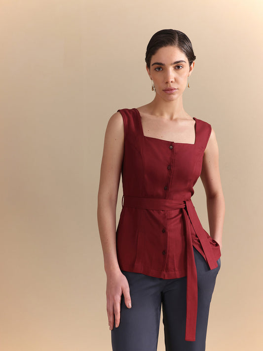 Square Neck Belted Sleeveless Top - Wine