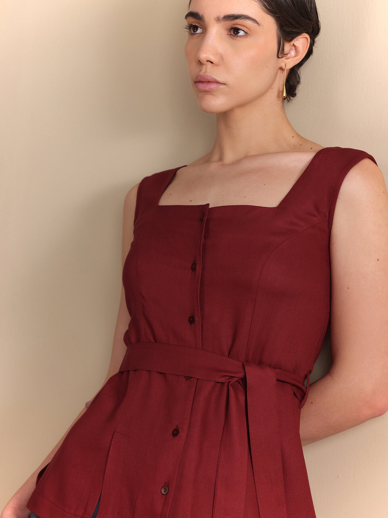 Square Neck Belted Sleeveless Top - Wine