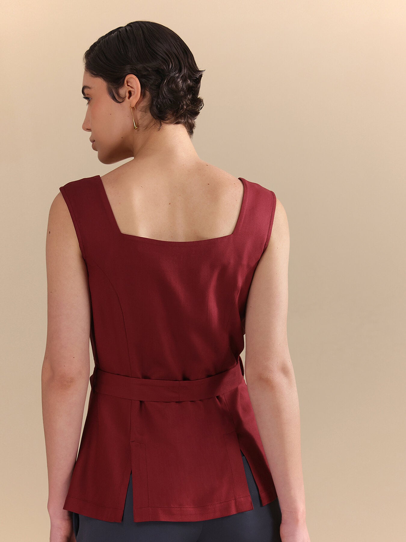 Square Neck Belted Sleeveless Top - Wine