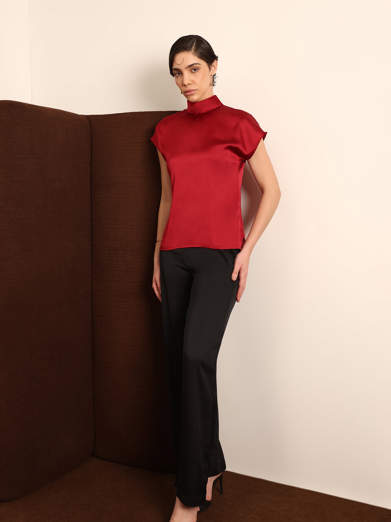 Satin High Collar Neck Top - Maroon