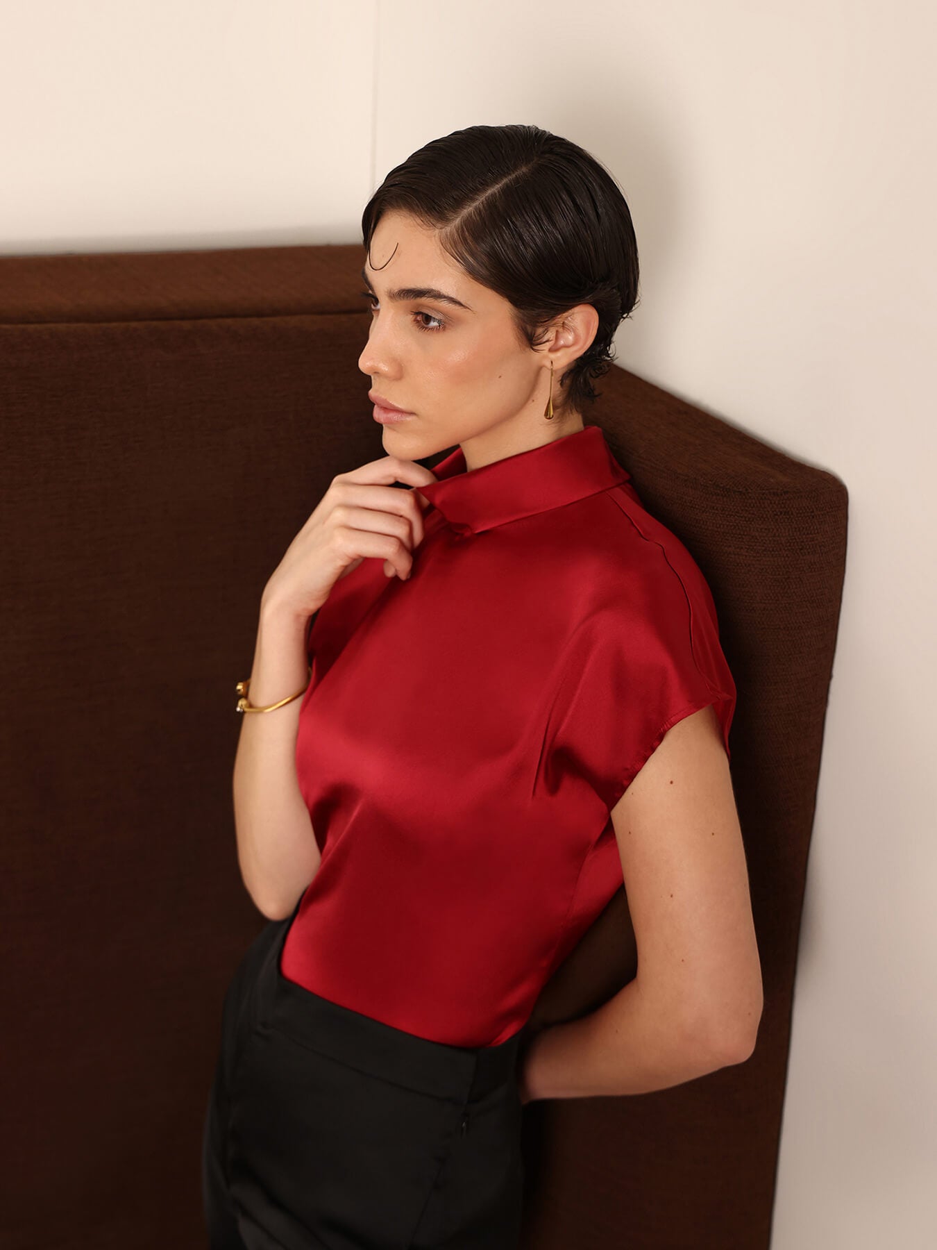 Satin High Collar Neck Top - Maroon