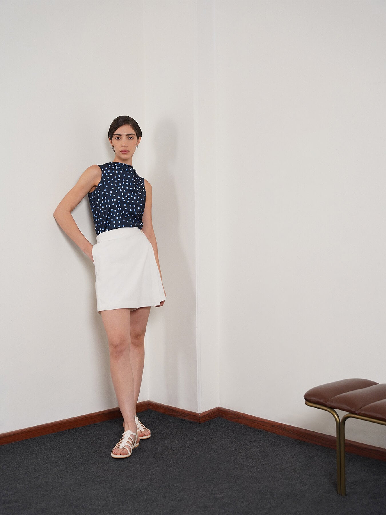 Satin Polka Dot Top - Navy Blue