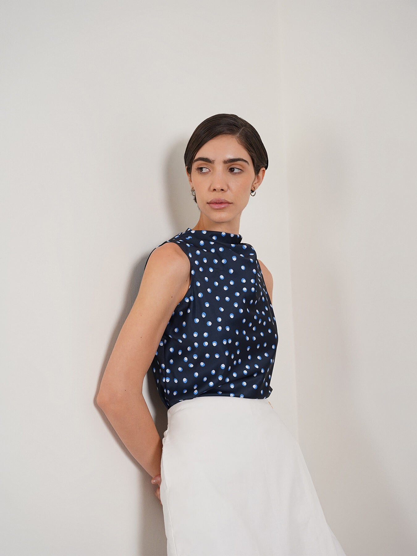 Satin Polka Dot Top - Navy Blue