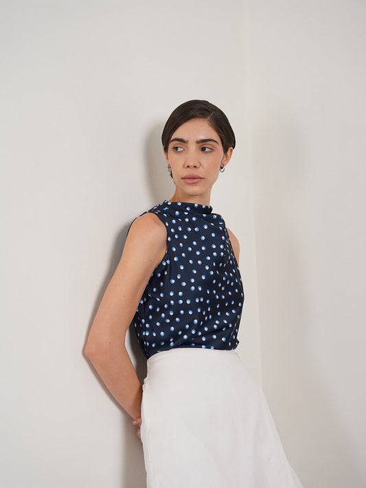 Satin Polka Dot Top - Navy Blue