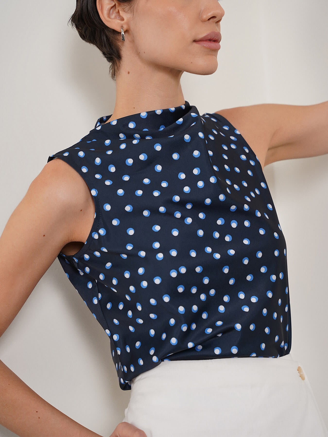 Satin Polka Dot Top - Navy Blue