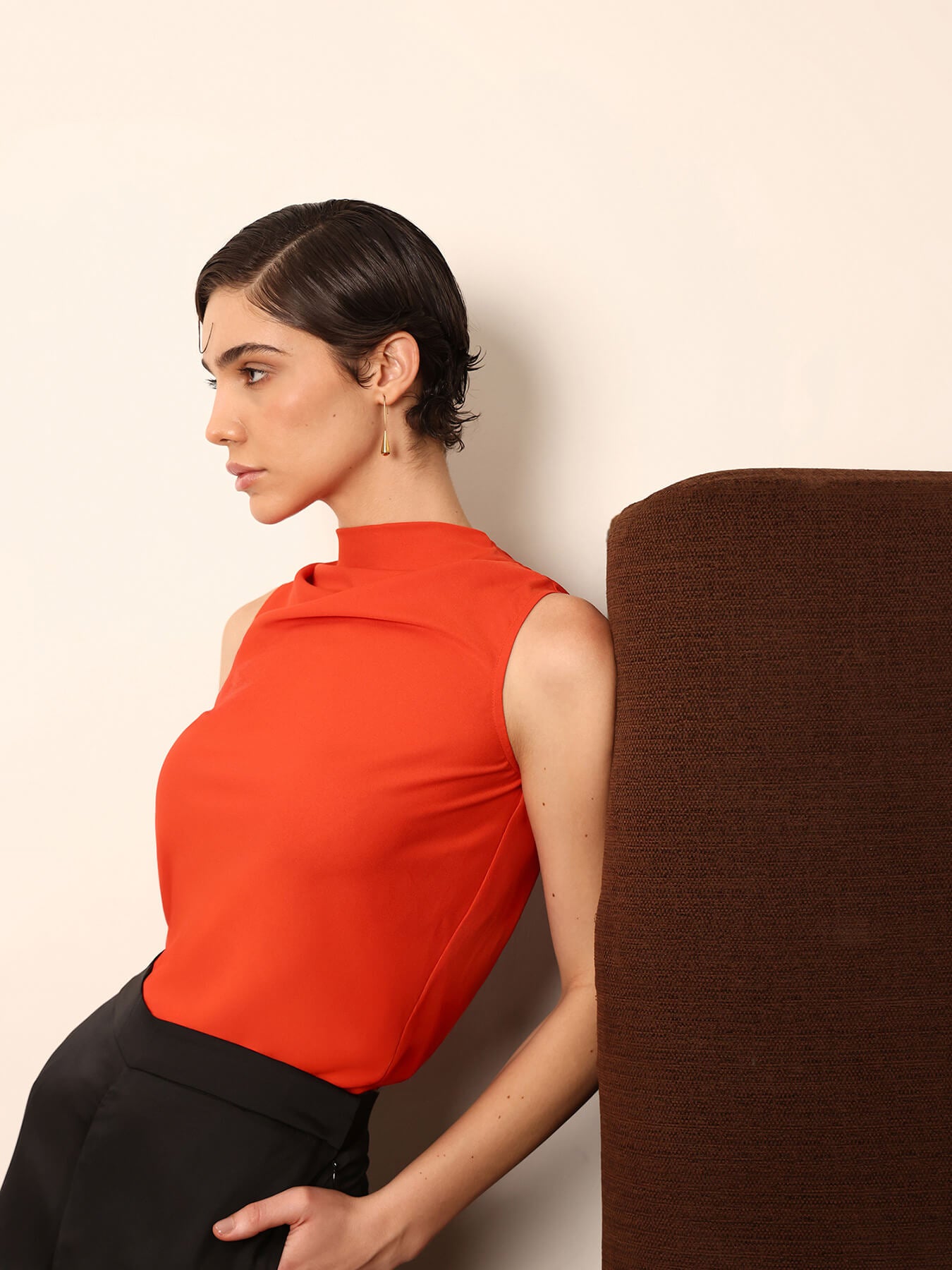 High Cowl Neck Top - Orange