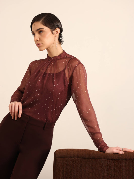 Organza Polka Dot Top - Wine