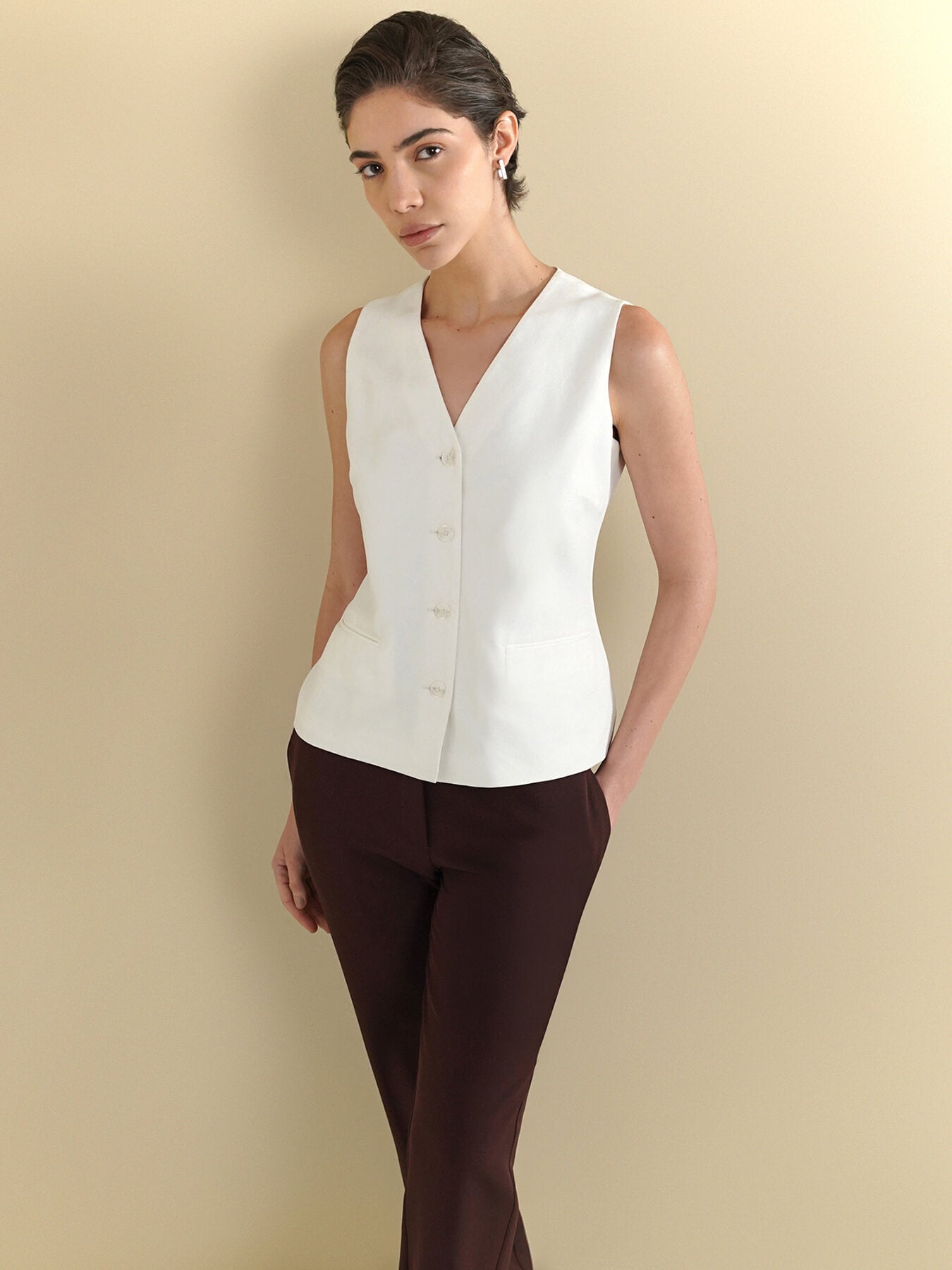V-Neck Sleveless Waistcoat - White