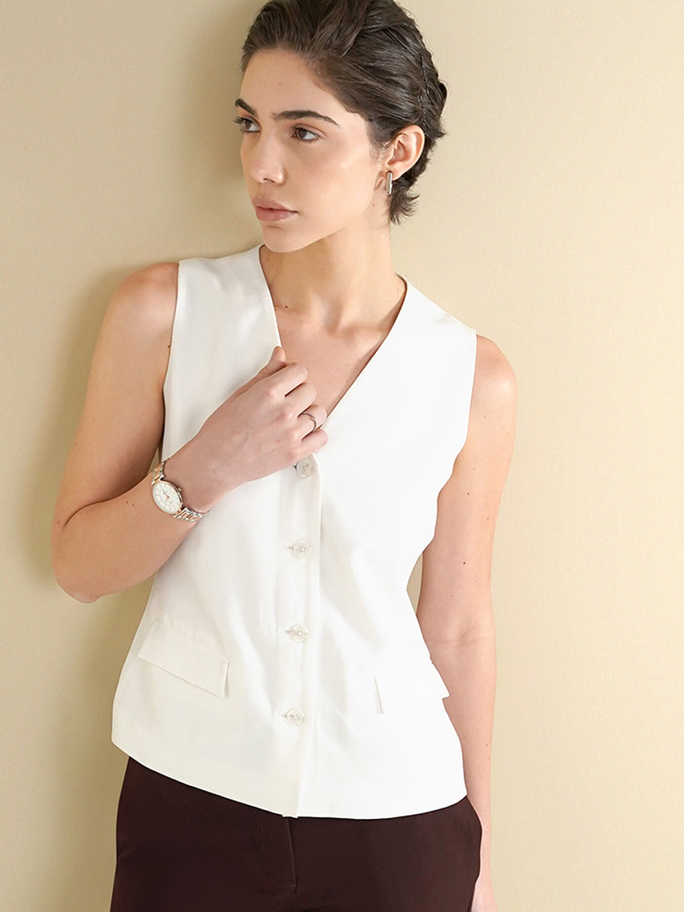 V-Neck Sleveless Waistcoat - White