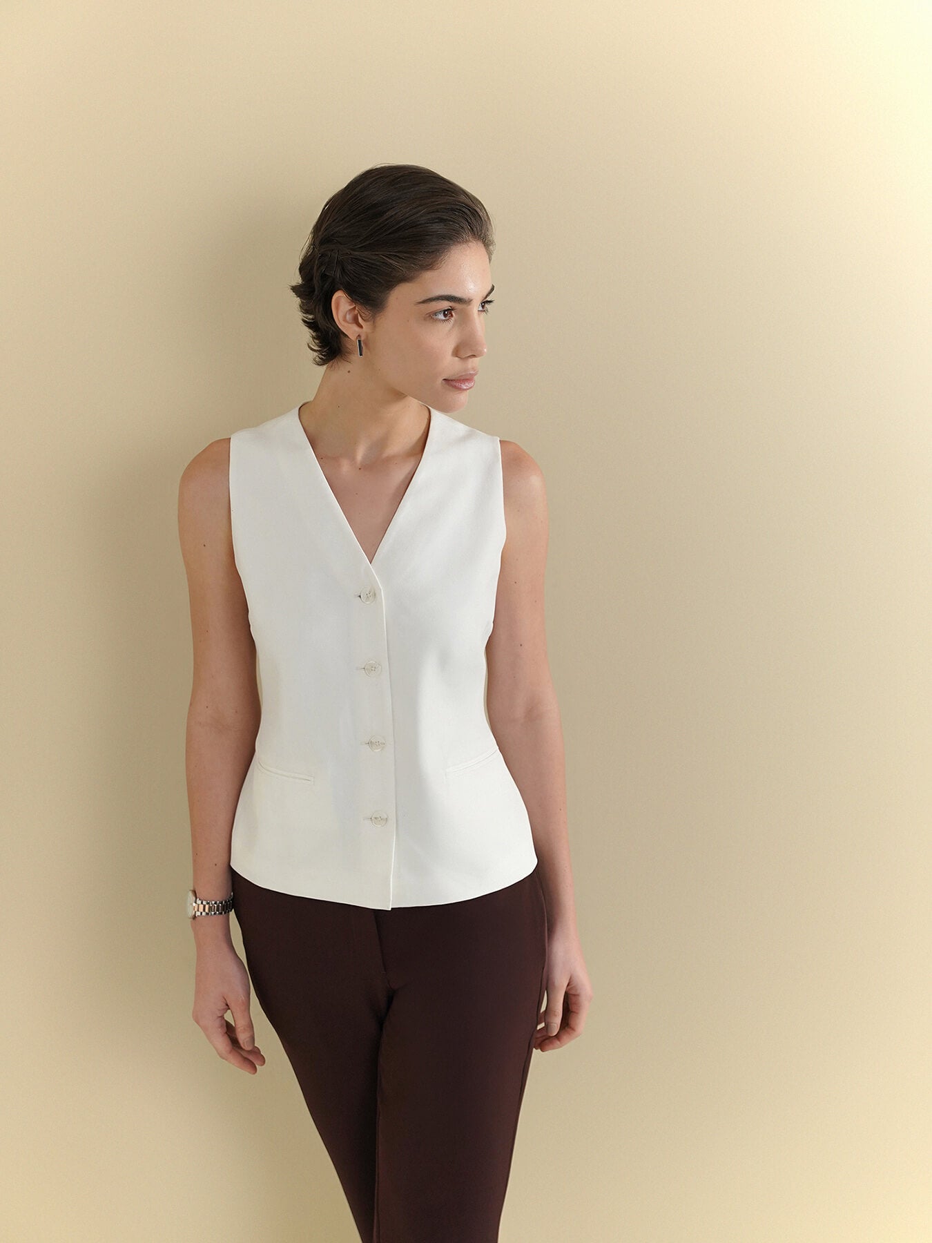 V-Neck Sleveless Waistcoat - White