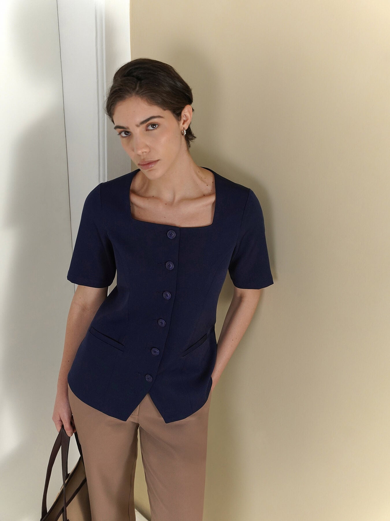 Square Neck Longline Top - Navy Blue
