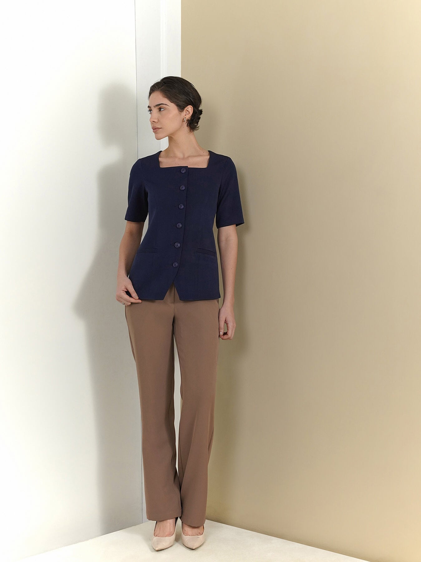 Square Neck Longline Top - Navy Blue