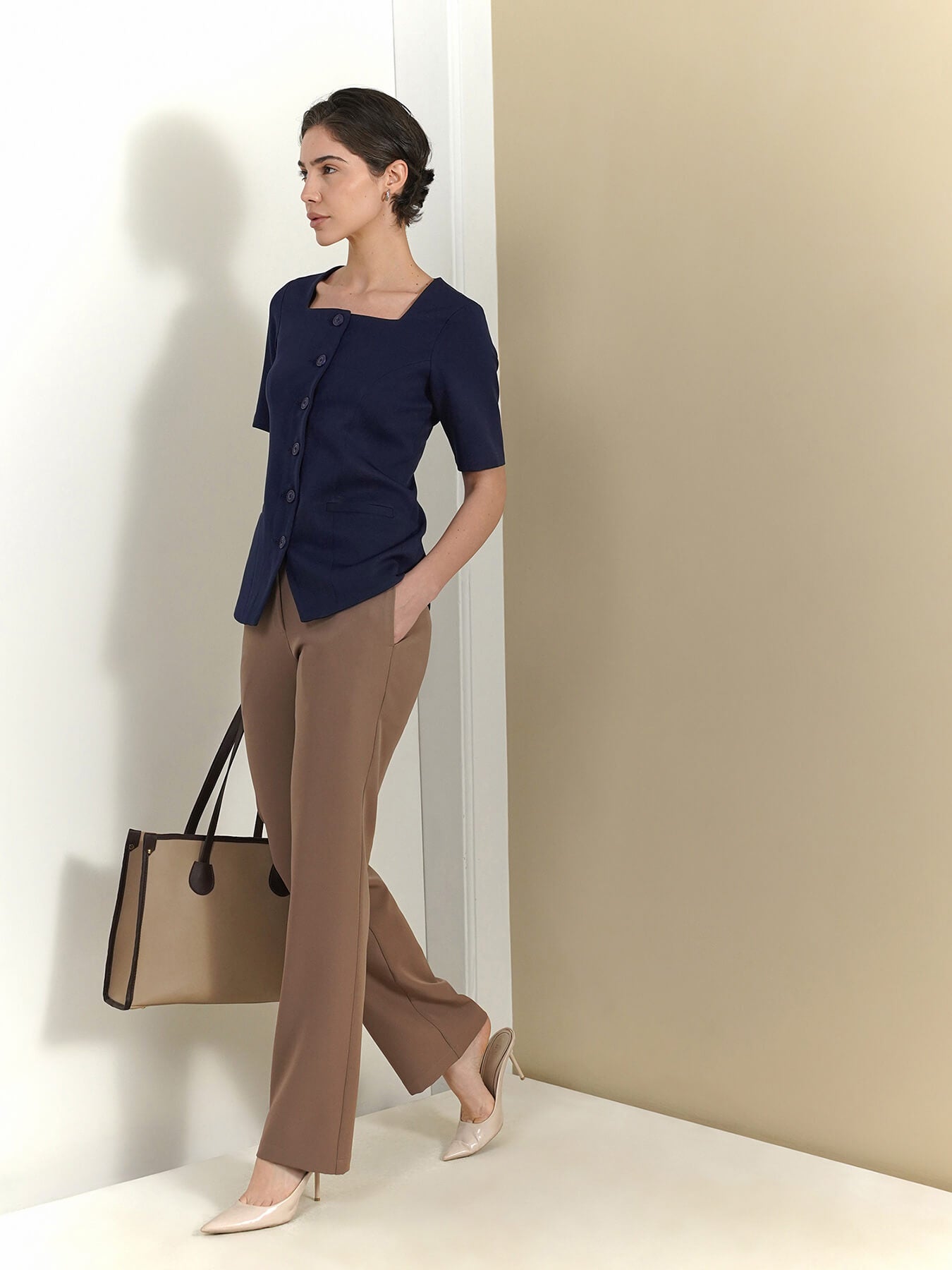 Square Neck Longline Top - Navy Blue