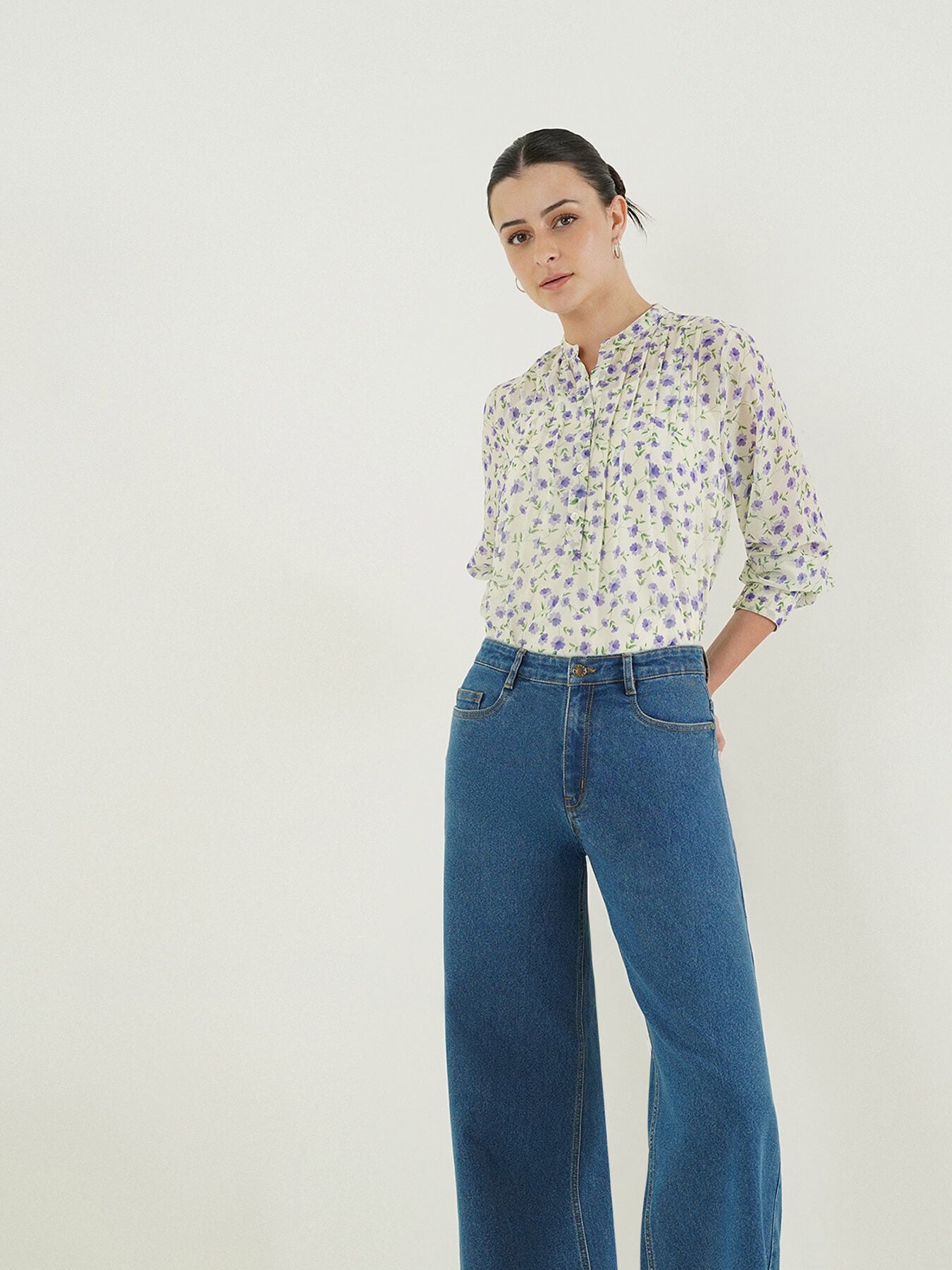 Floral Mandarin Collar Top - White