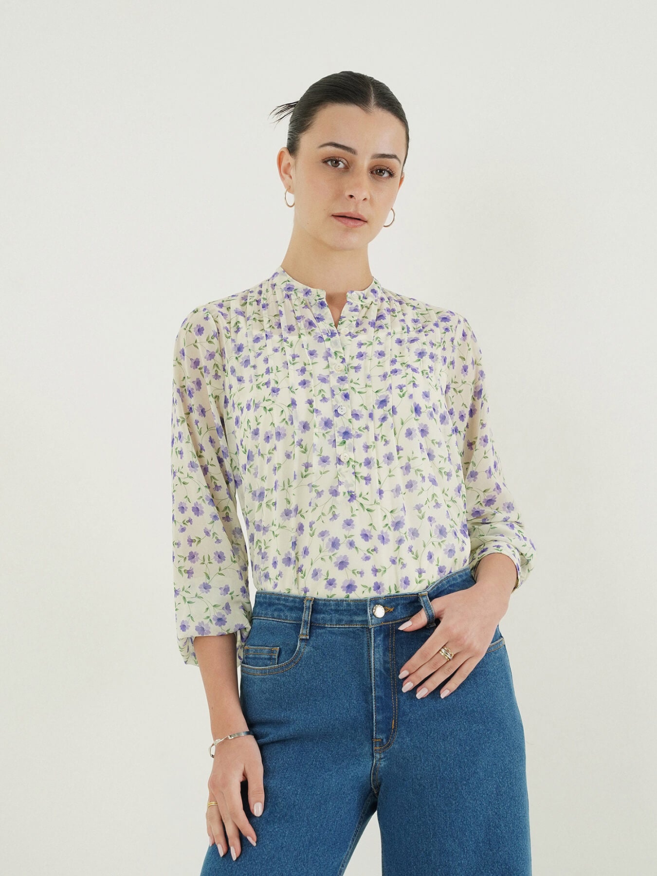 Floral Mandarin Collar Top - White