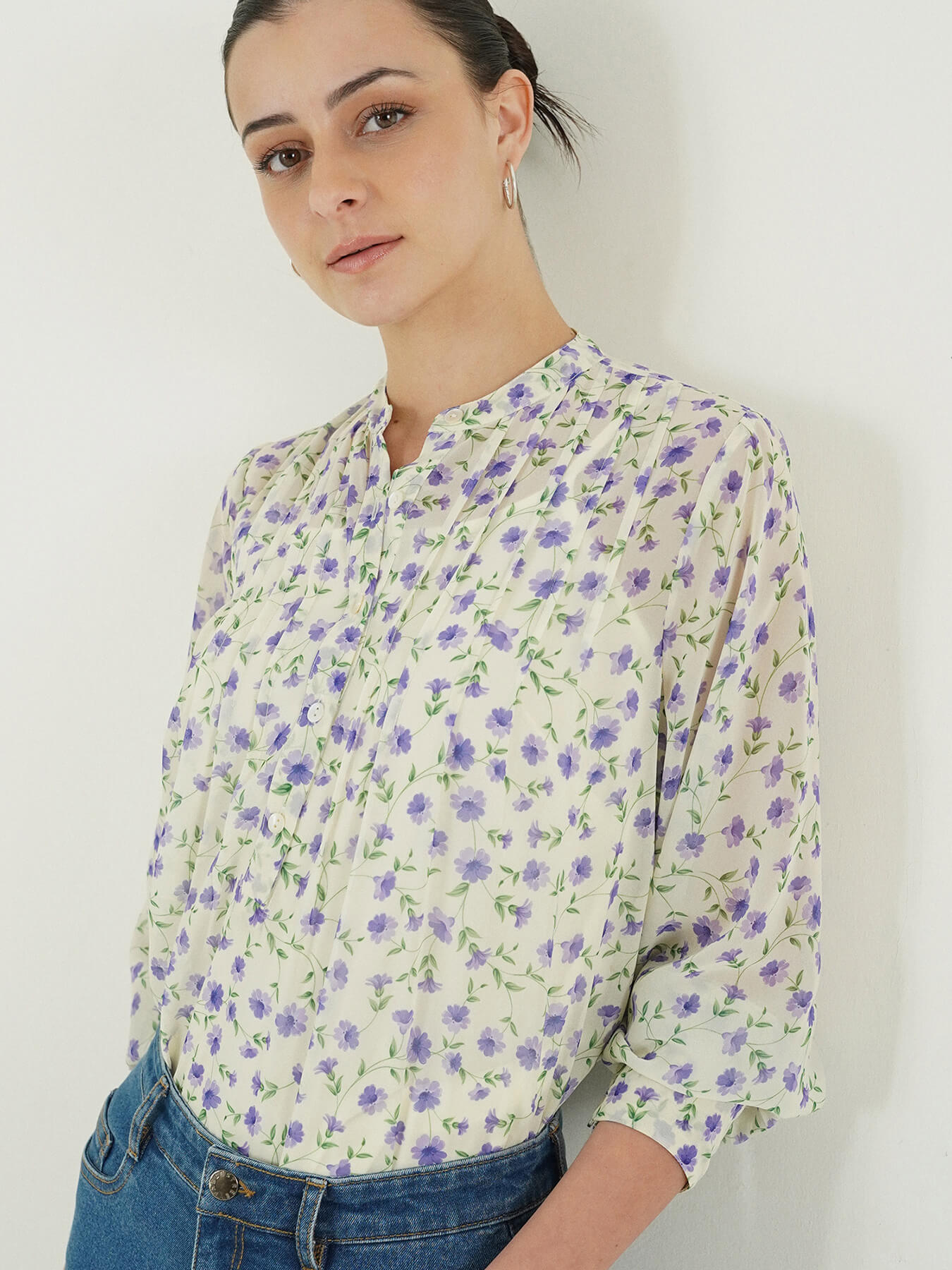 Floral Mandarin Collar Top - White