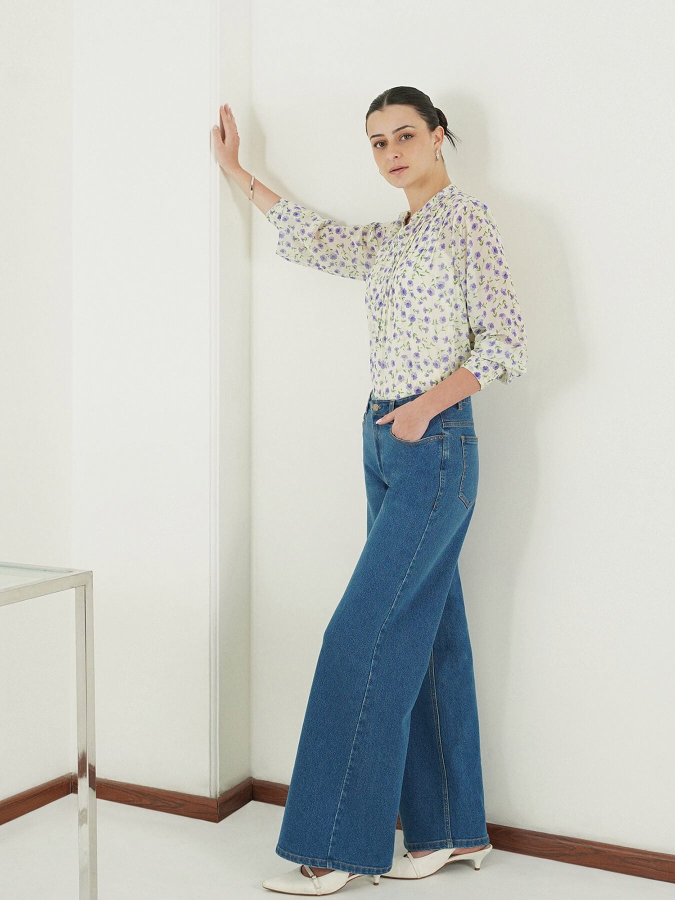 Floral Mandarin Collar Top - White