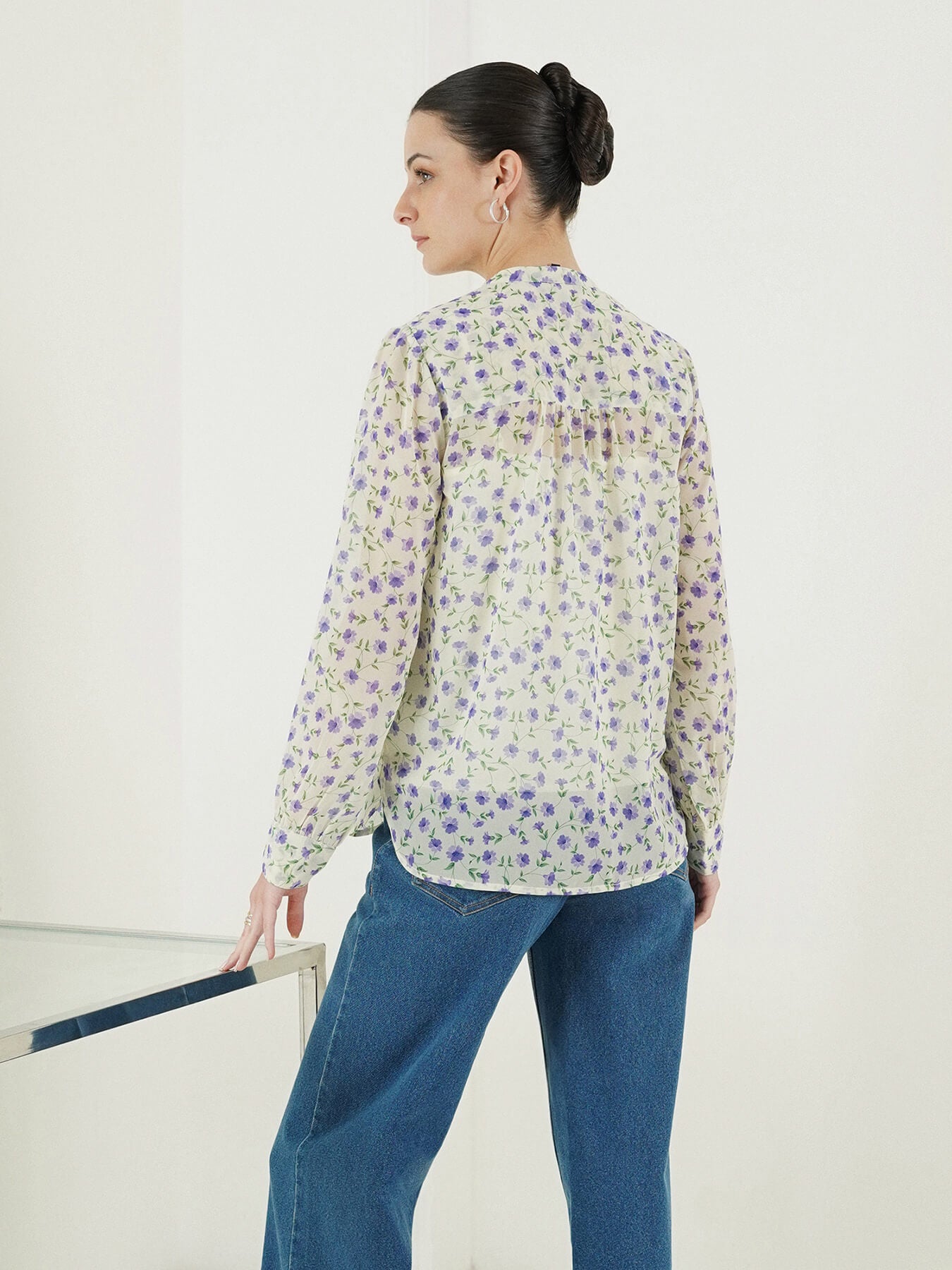Floral Mandarin Collar Top - White