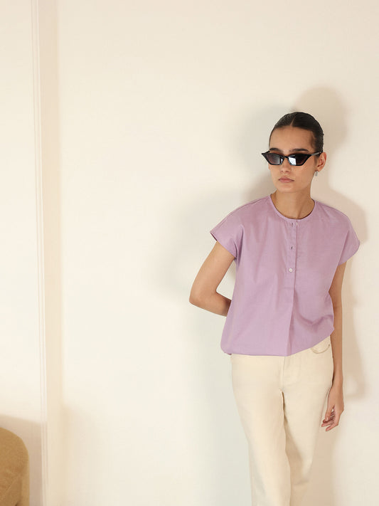 Pure Cotton Mandarin Collar Top - Lavender