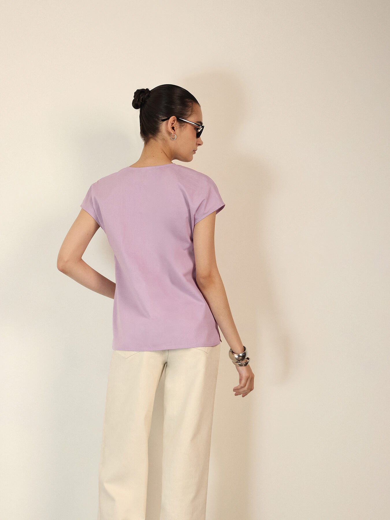 Pure Cotton Mandarin Collar Top - Lavender