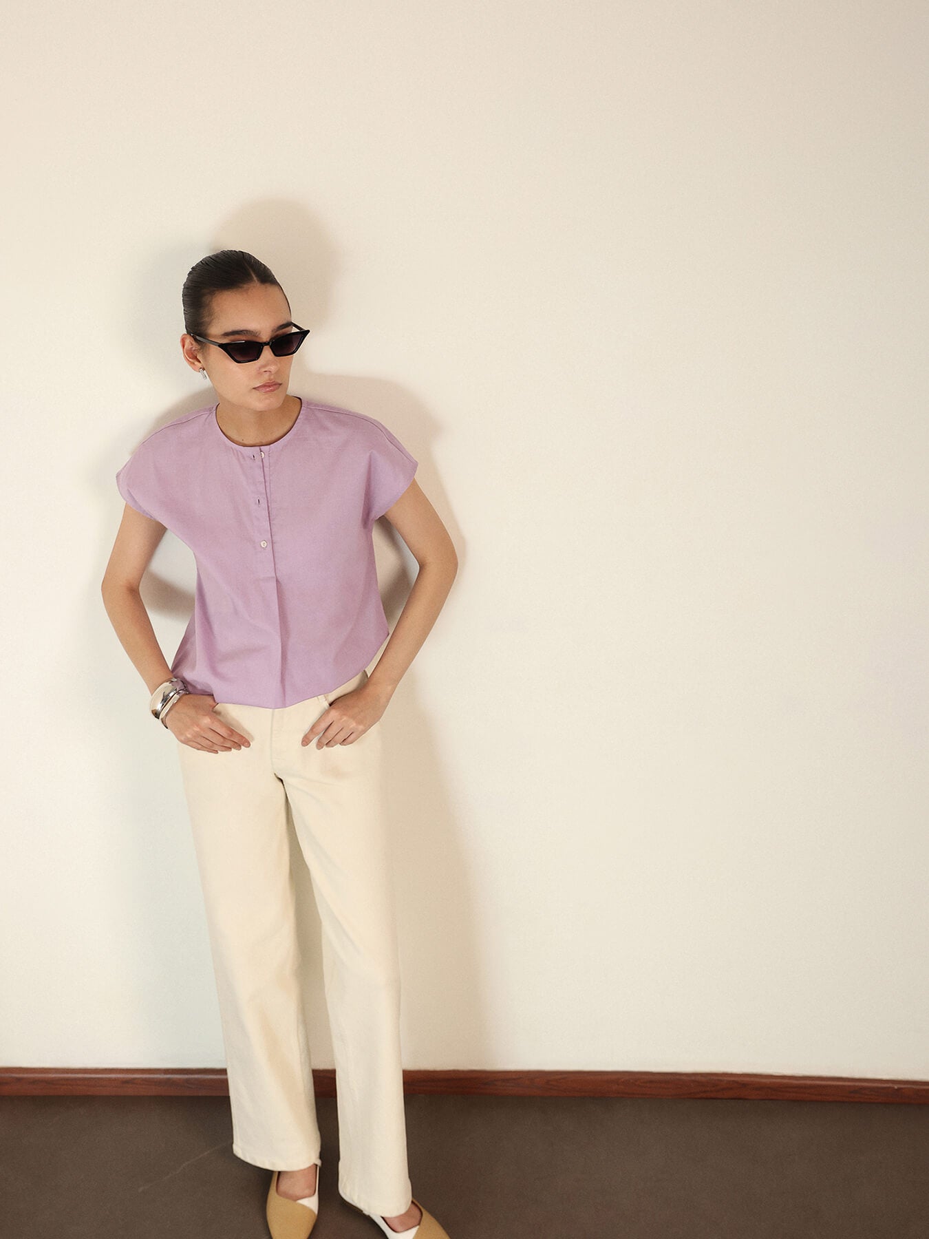 Pure Cotton Mandarin Collar Top - Lavender