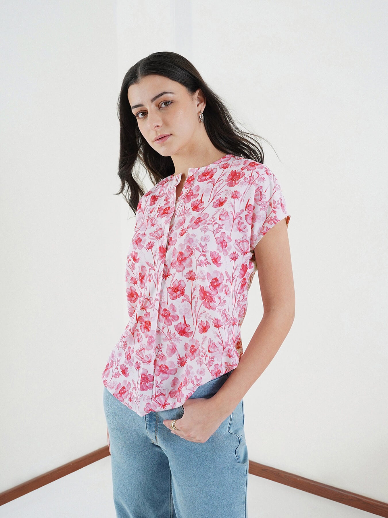 Floral Mandarin Collar Top - Off White