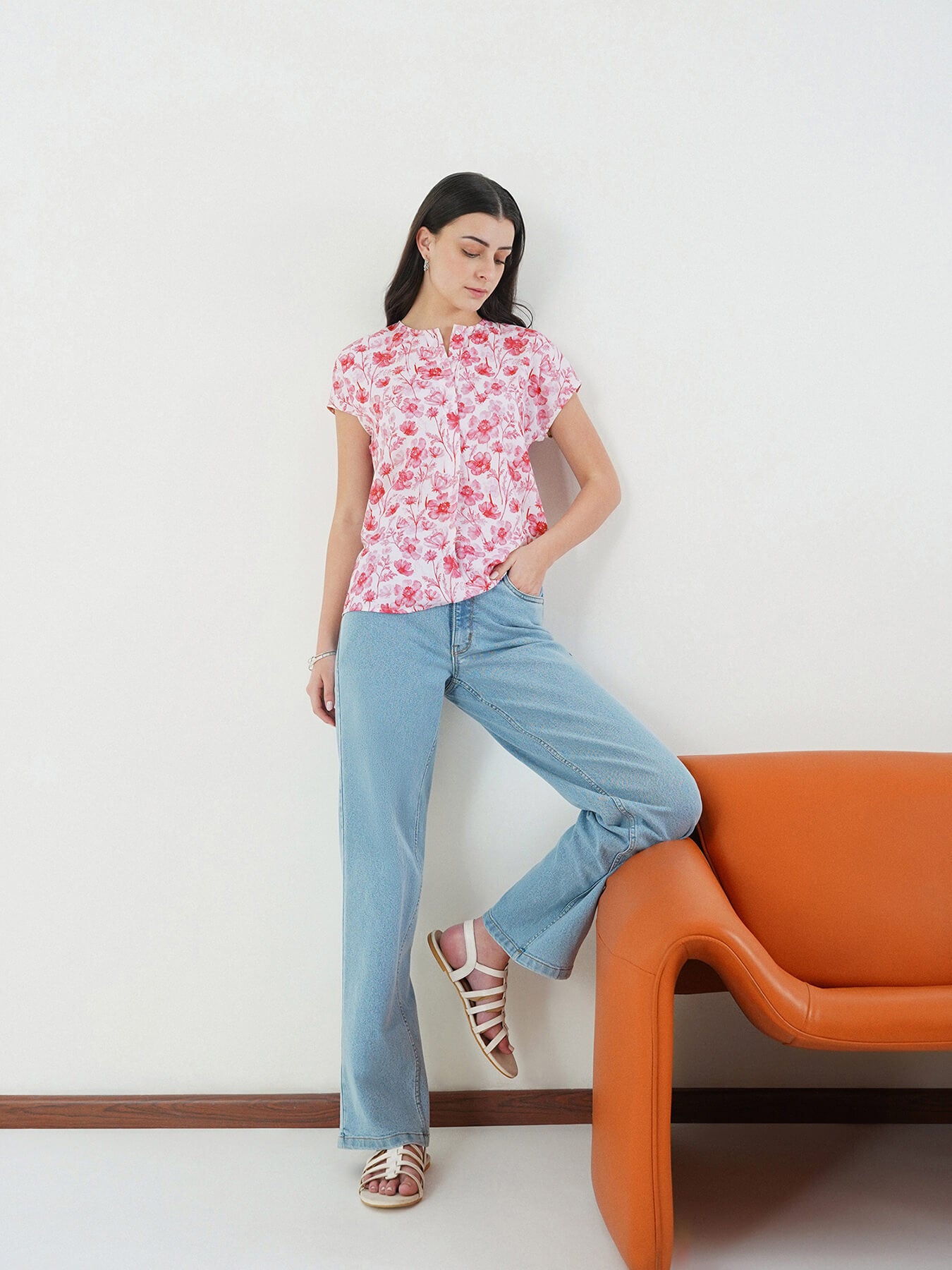 Floral Mandarin Collar Top - Off White