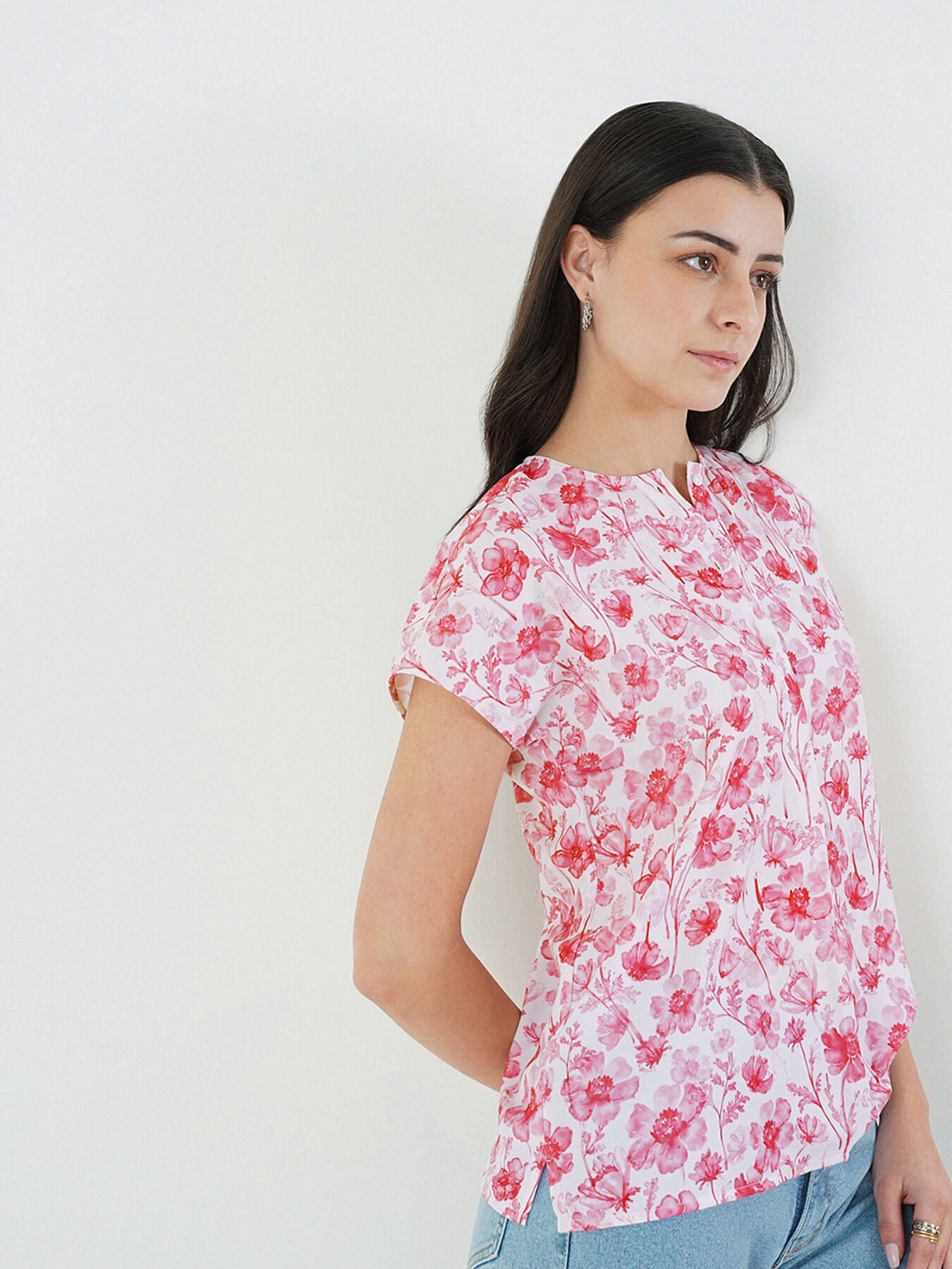 Floral Mandarin Collar Top - Off White