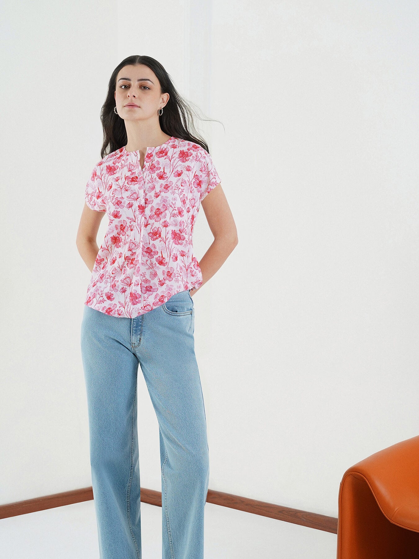 Floral Mandarin Collar Top - Off White