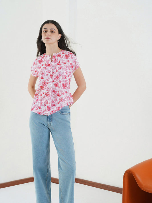 Floral Mandarin Collar Top - Off White