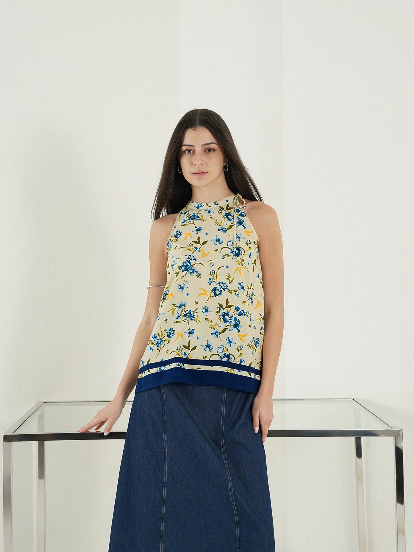 Viscose Floral Halter Neck Top - Off White