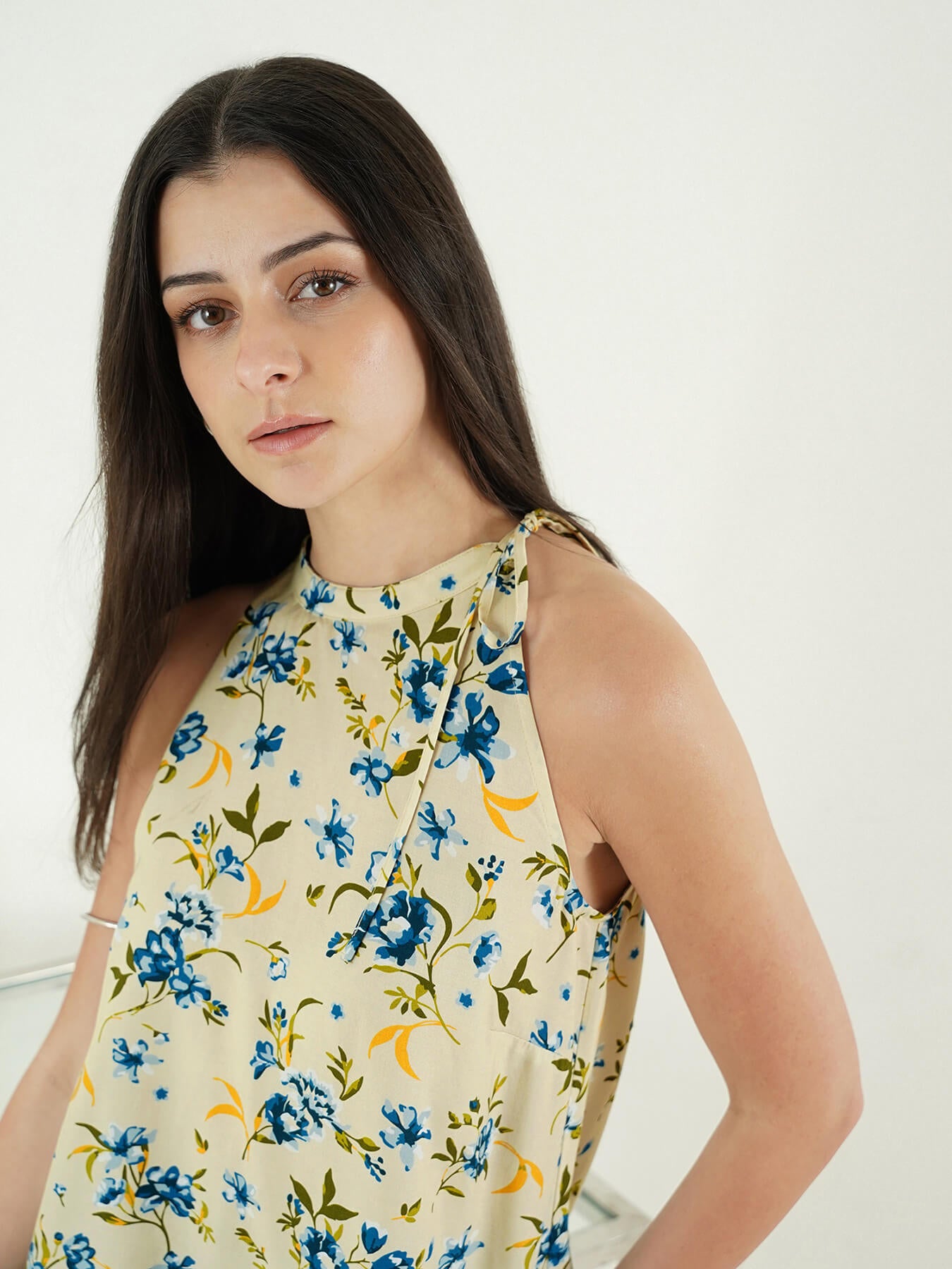 Viscose Floral Halter Neck Top - Off White