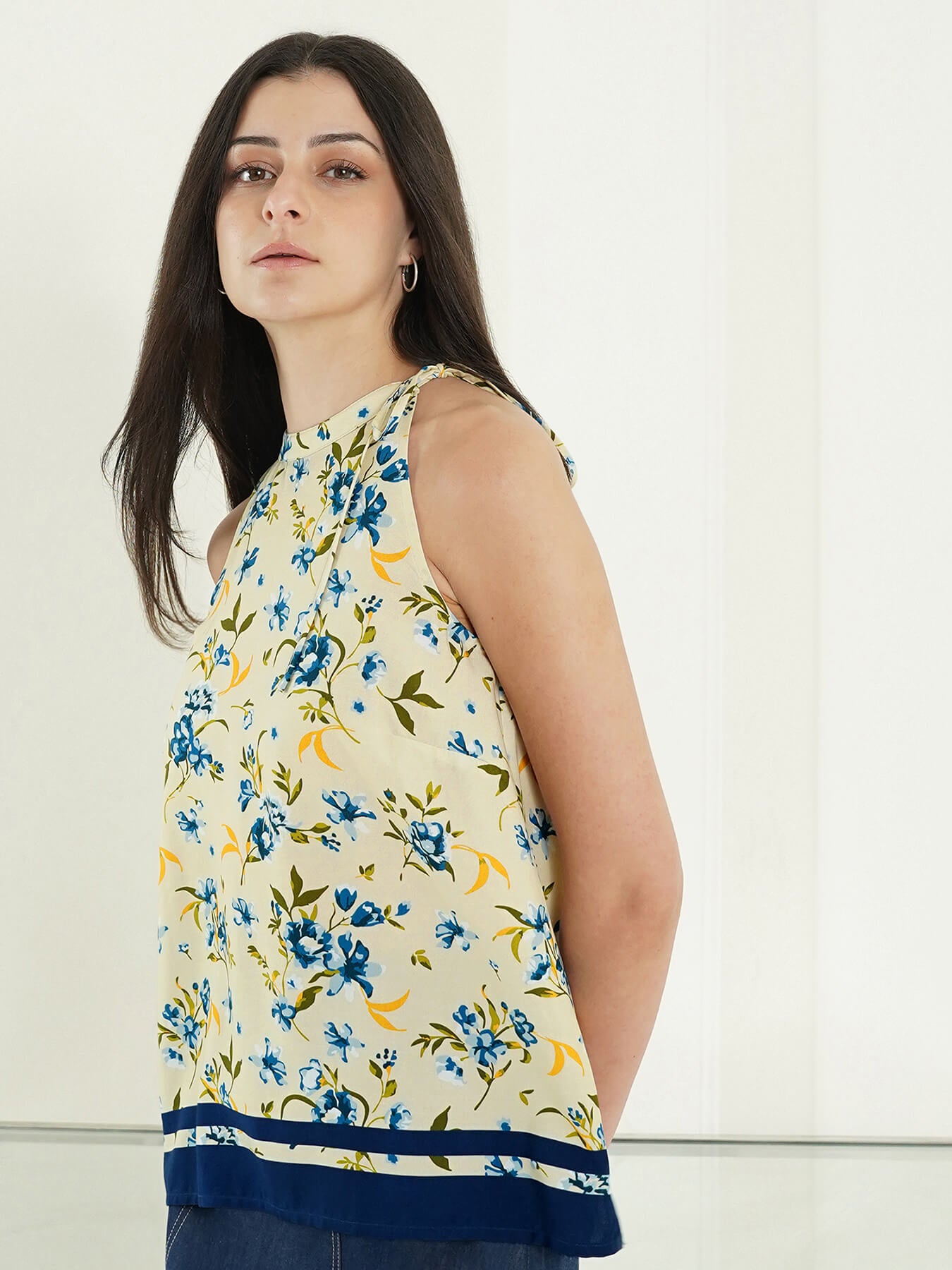 Viscose Floral Halter Neck Top - Off White