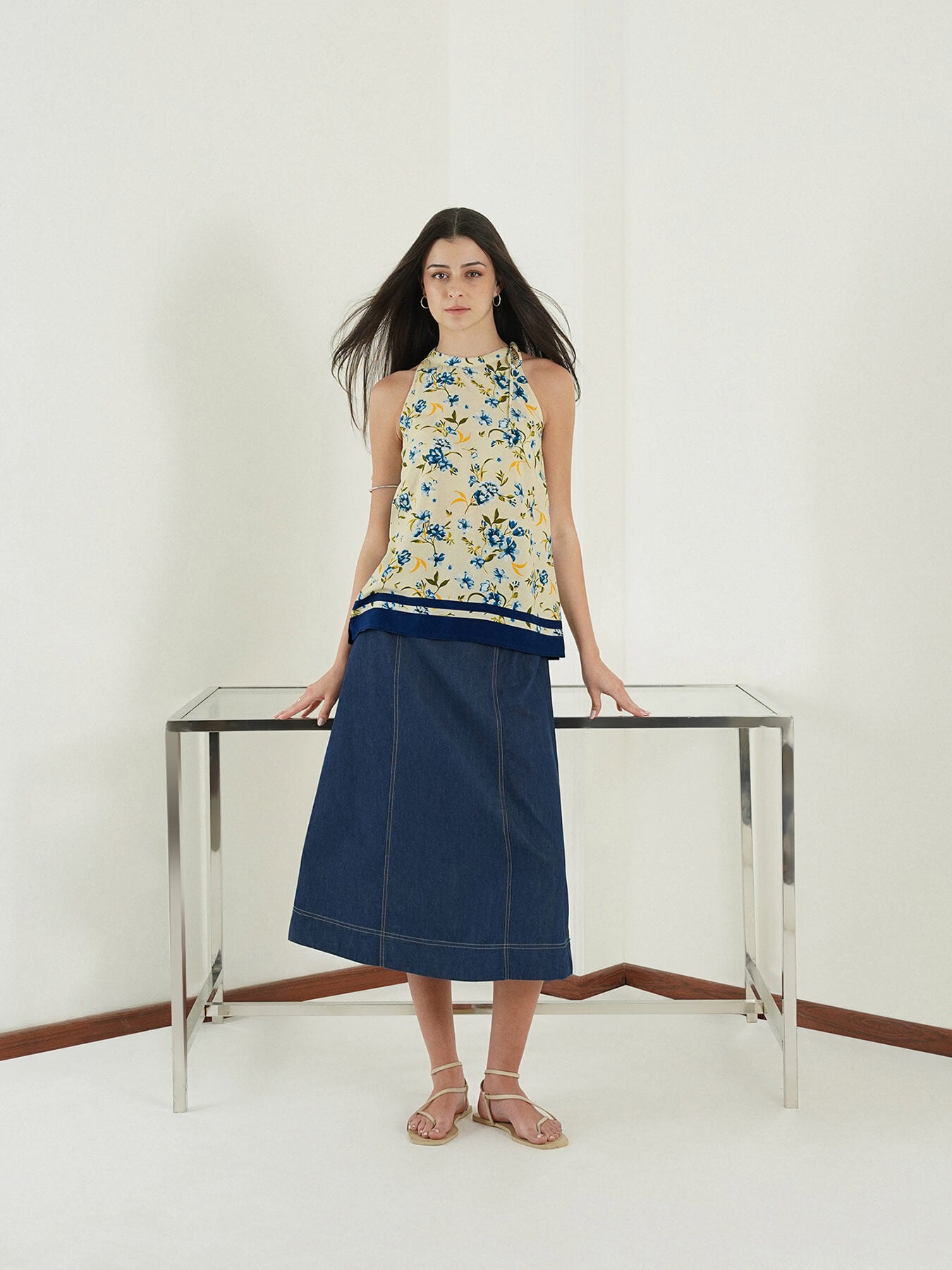 Viscose Floral Halter Neck Top - Off White