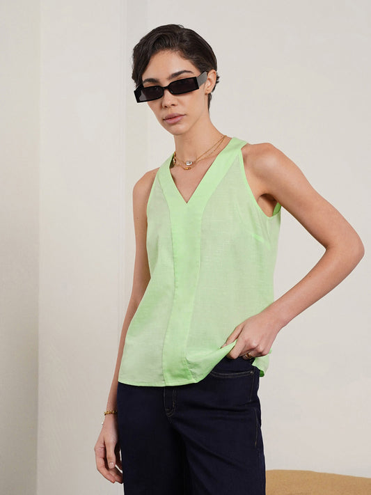 Pure Cotton V-Neck Top - Green