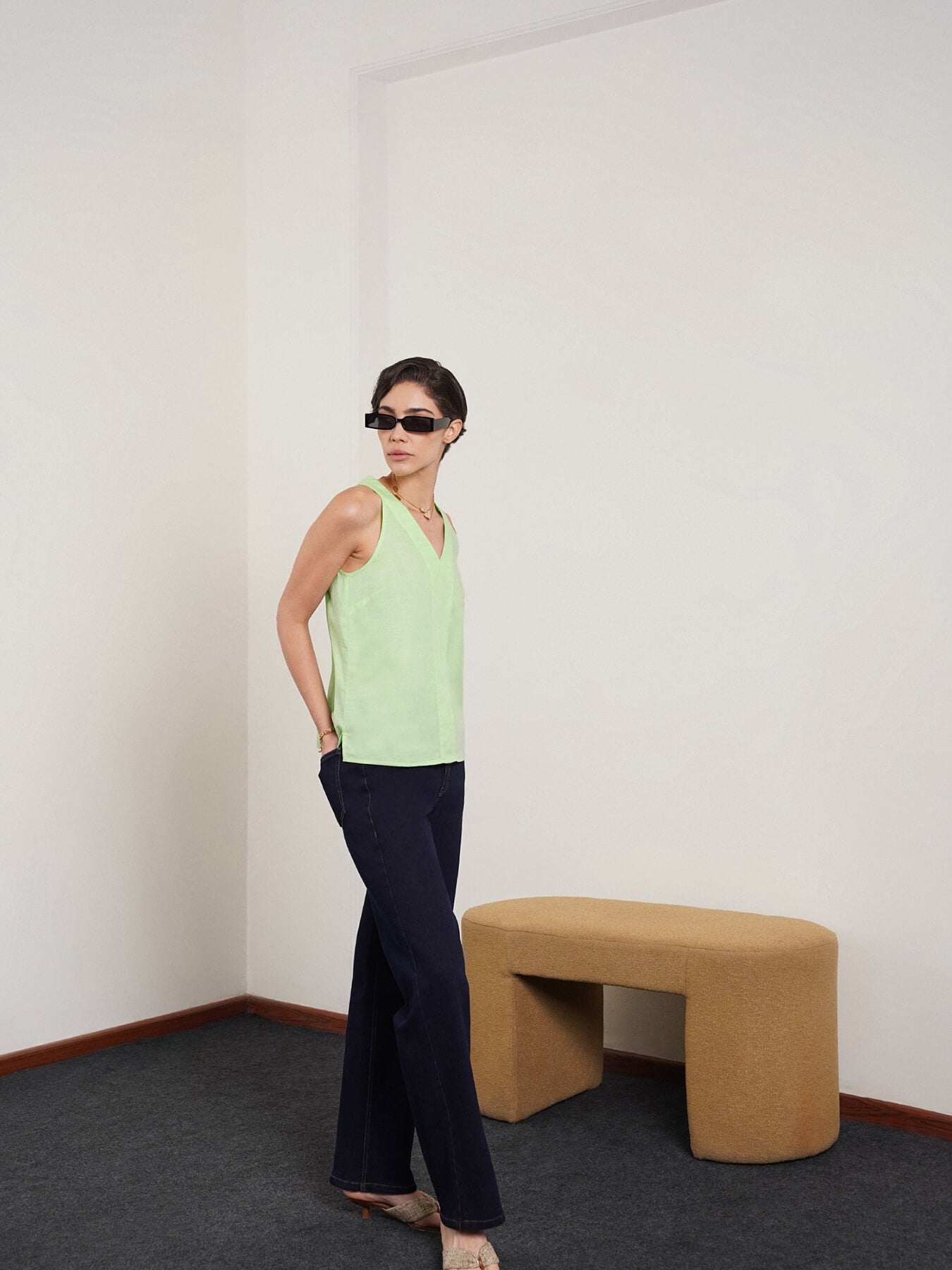 Pure Cotton V-Neck Top - Green