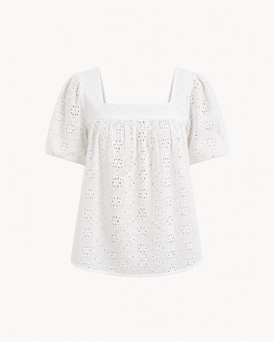 Schiffli Square Neck Top - White