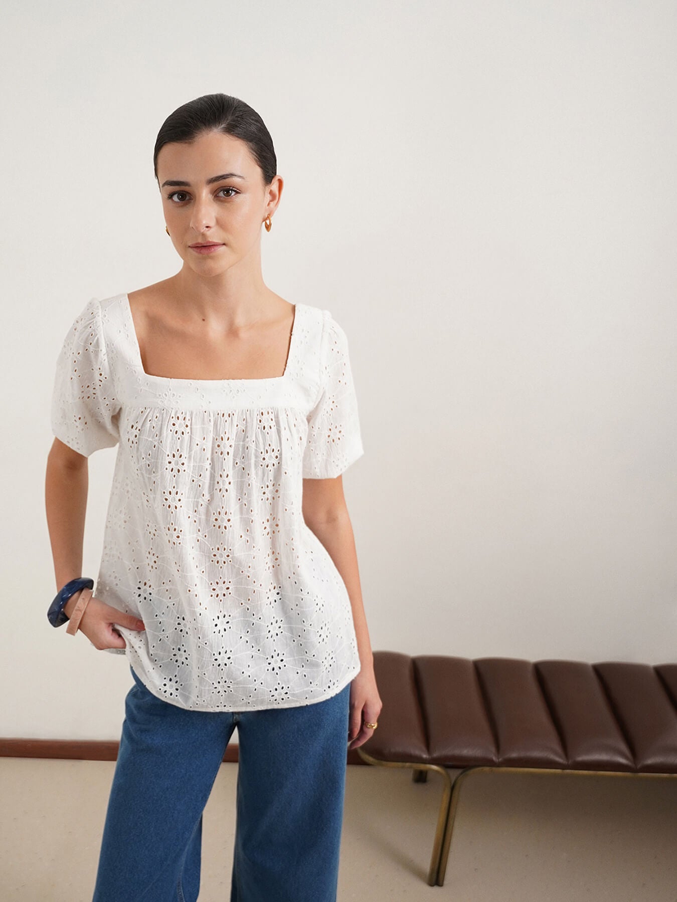 Schiffli Square Neck Top - White