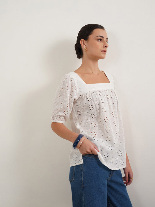 Schiffli Square Neck Top - White