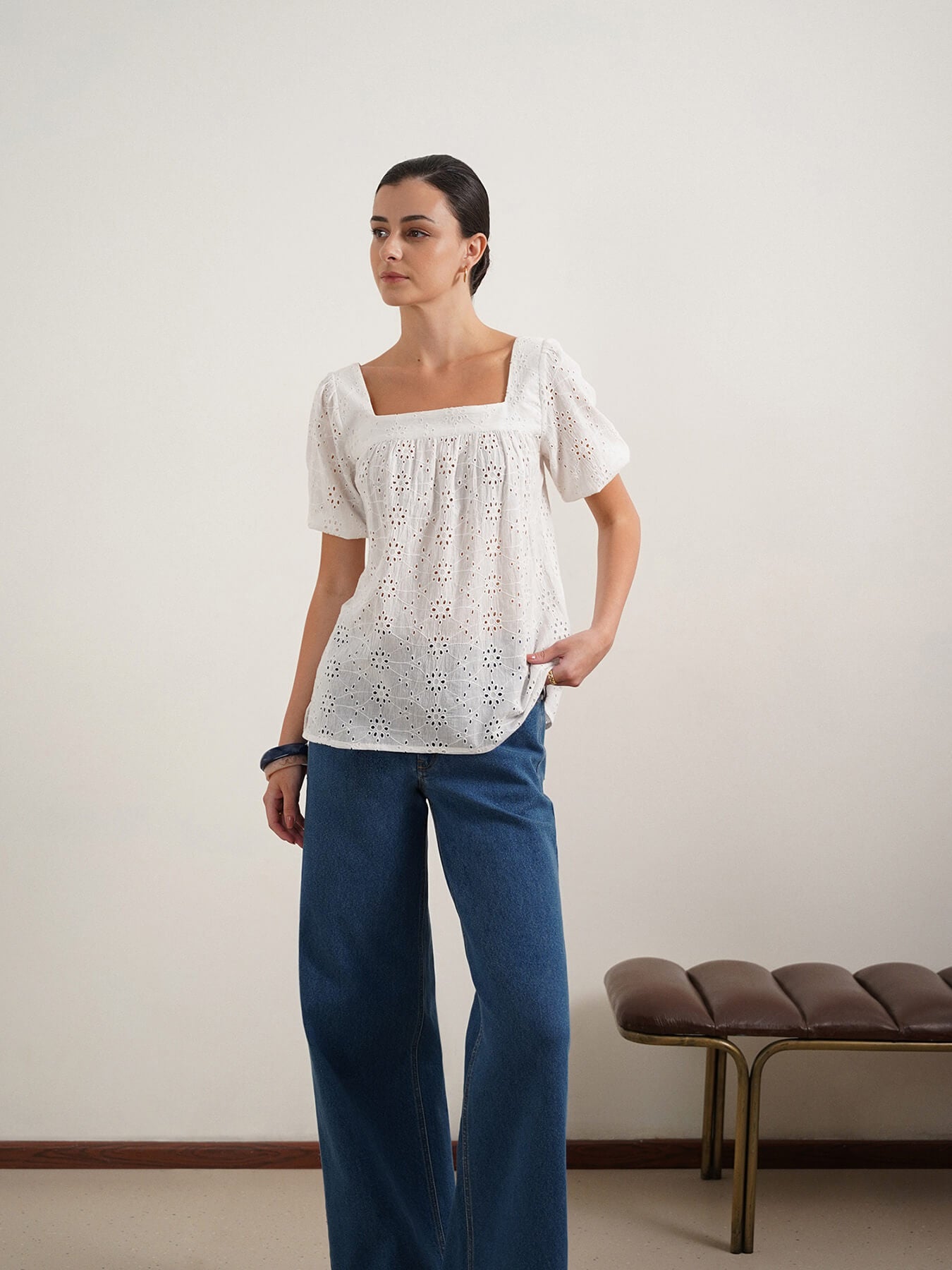 Schiffli Square Neck Top - White