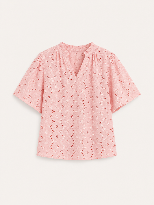 Schiffli V-Neck Top - Pink