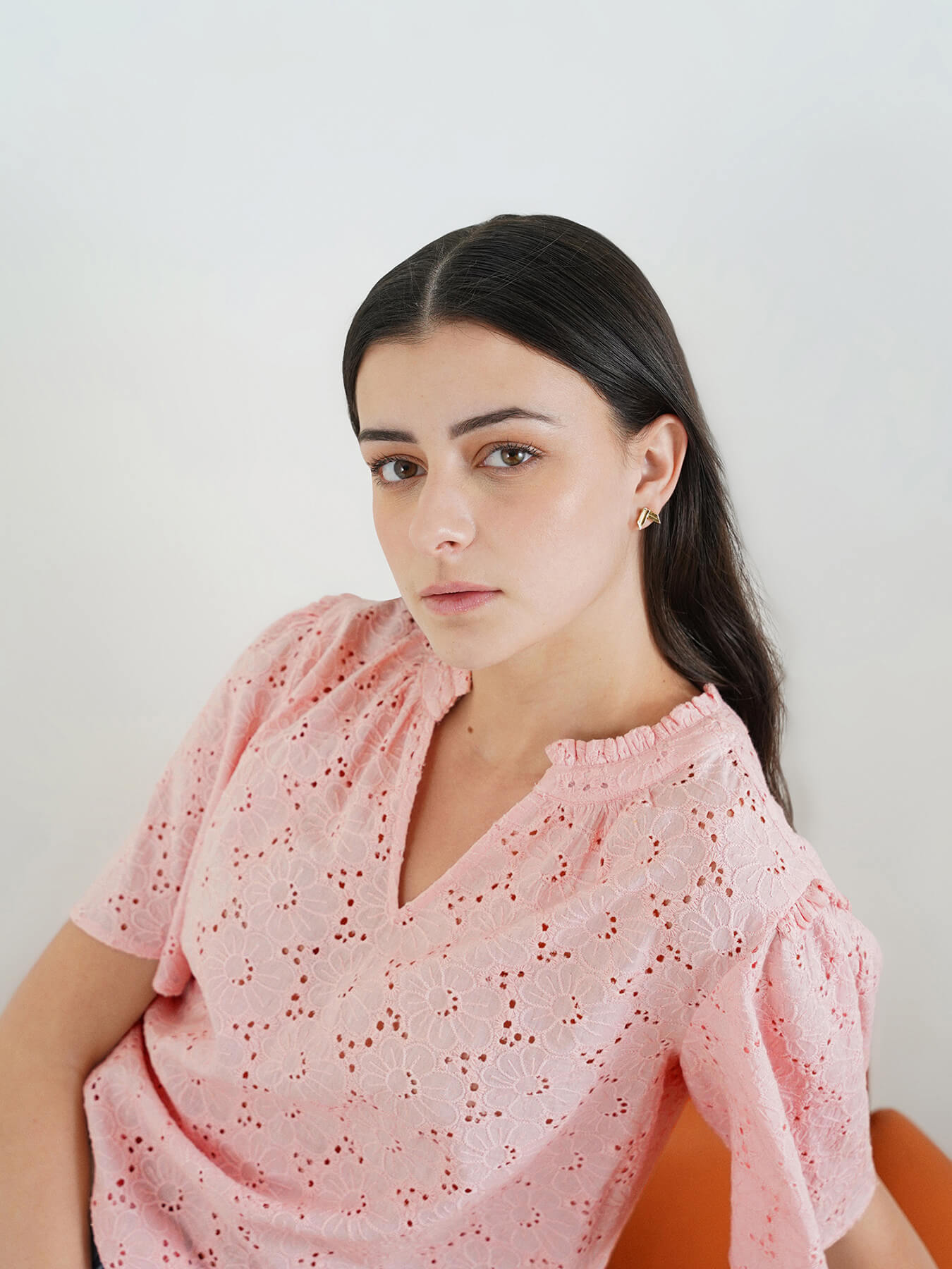 Schiffli V-Neck Top - Pink