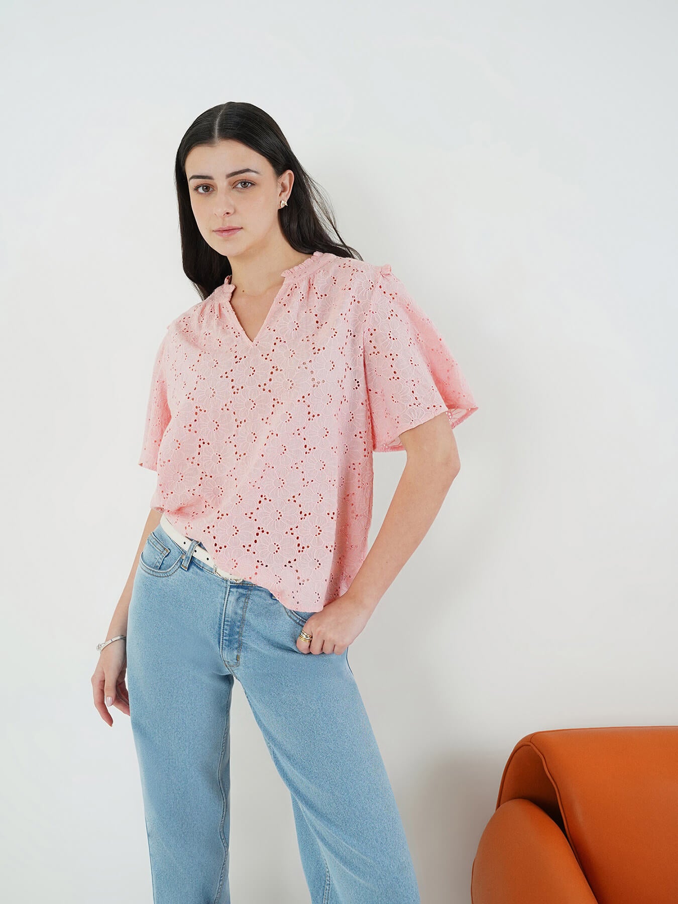 Schiffli V-Neck Top - Pink