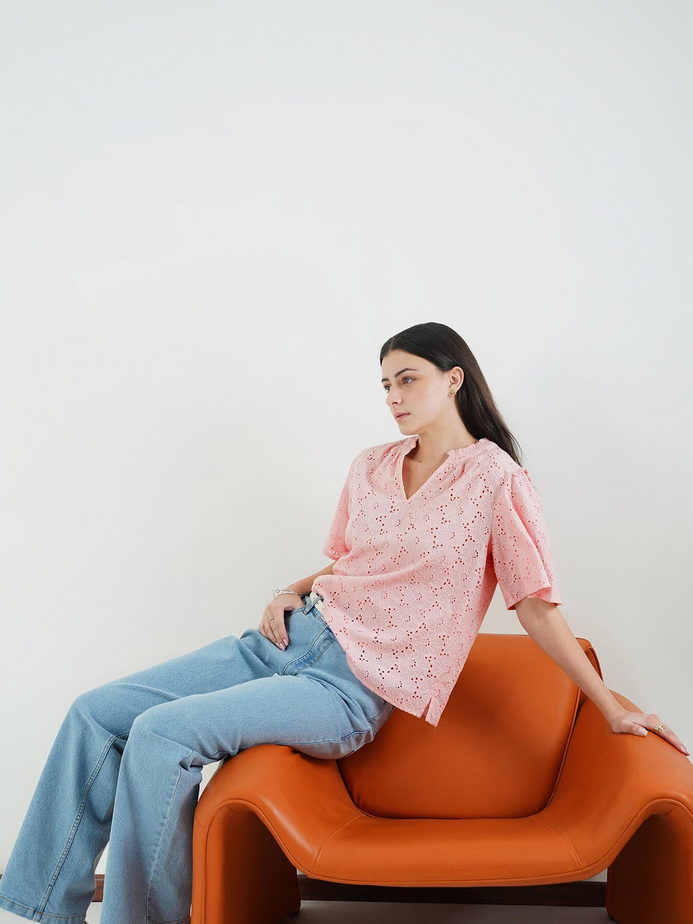 Schiffli V-Neck Top - Pink
